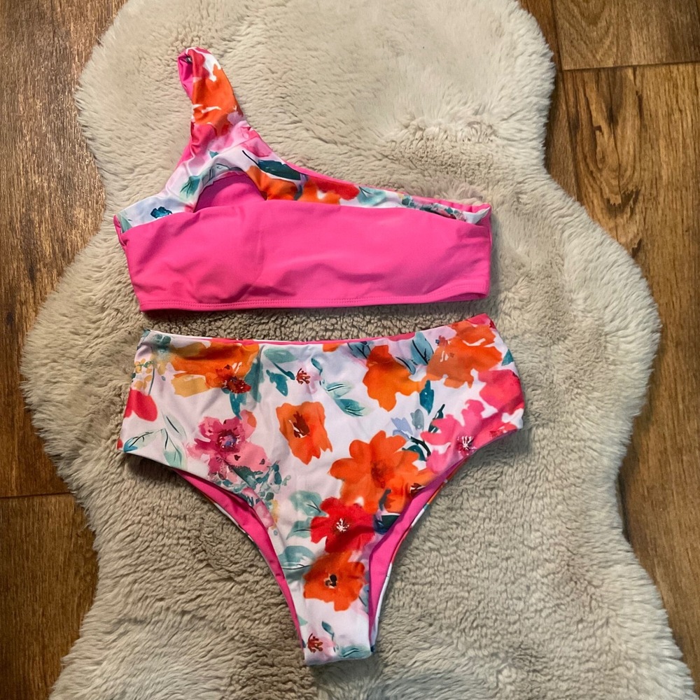 Swimsuit Size Large Bikini One Shoulder‎ Pink Floral New